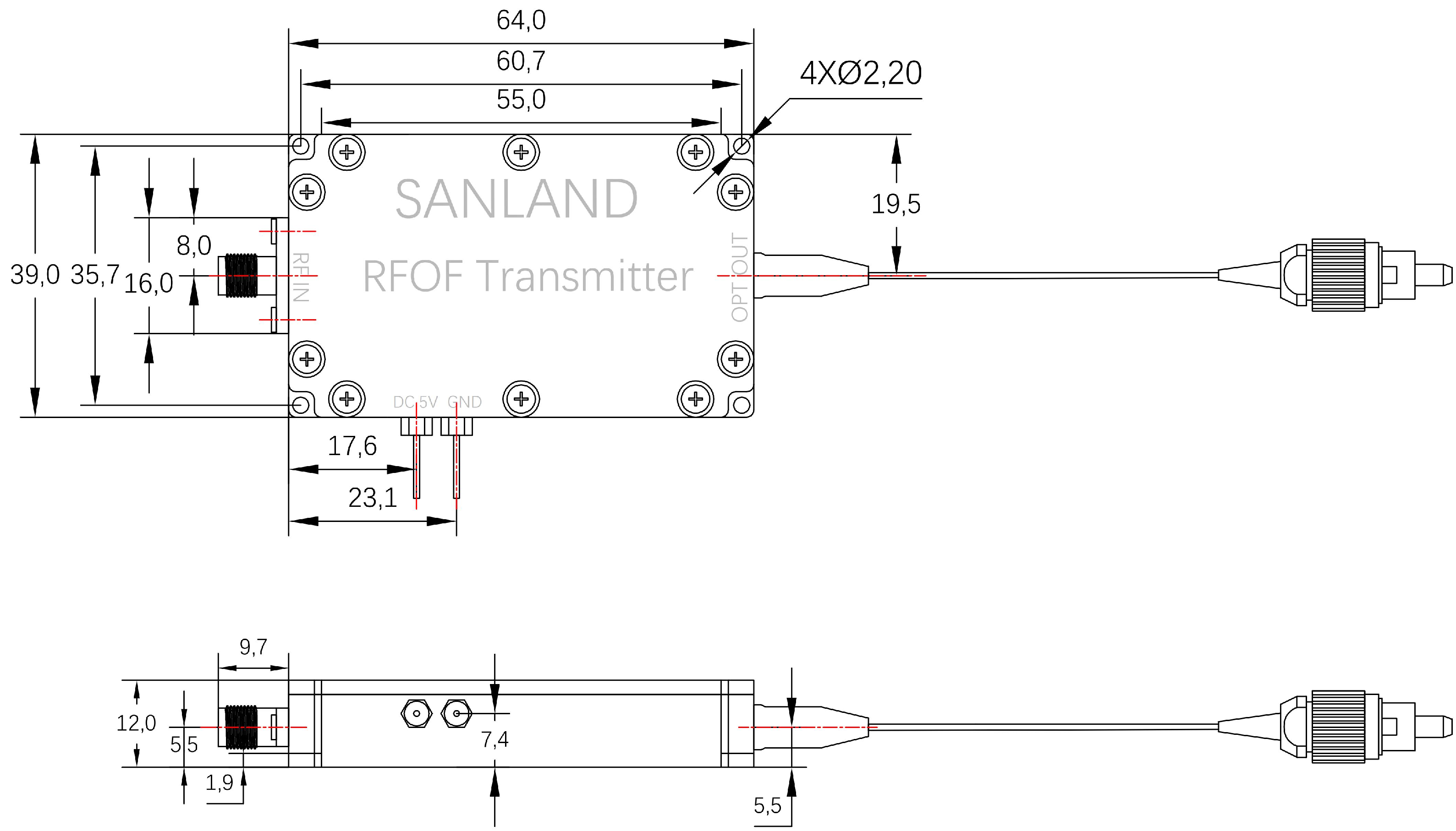 RF over fiber transmitter and receiver module